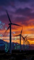 Wind turbines at dramatic sunset with glowing digital HUD overlays showing energy data, symbolizing smart green power technology.