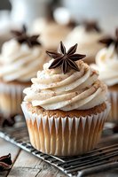 Vanilla cupcake with swirled buttercream frosting topped with star anise and cinnamon dust on cooling rack, macro food photography with selective focus.