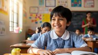 Happy Asian elementary school girl smiling in classroom with uniform and books during lesson time with classmates in background.