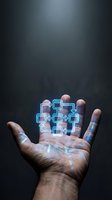 Human hand displaying holographic network diagram with glowing blue connections and nodes representing digital technology and data flow concepts.
