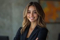Young professional Caucasian woman with long wavy blonde hair and bright smile wearing black blazer, arms crossed, standing in modern office environment with blurred background.