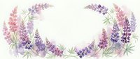 Watercolor lupine flower wreath in purple and pink tones with green leaves on white background, isolated floral border frame for wedding invitations and spring designs.