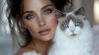 Young Caucasian woman with natural makeup and blue-eyed ragdoll cat portrait. Soft focus romantic atmosphere with gentle lighting and delicate lace details.