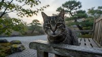 Tabby cat resting on wooden railing overlooking serene lake and forest landscape, suitable for pet, nature and lifestyle editorial use.