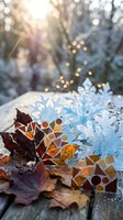 Autumn leaves and winter snowflakes on wooden surface with warm bokeh lights creating seasonal transition from fall to winter holiday atmosphere.