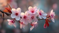 Delicate pink cherry blossoms with red centers bloom on dark branch against soft blurred background, symbolizing spring renewal and natural beauty in garden setting.