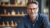 Confident mature Caucasian businessman wearing glasses and blue shirt smiling at camera. Professional corporate portrait with blurred cafe background.