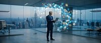 Businessman in suit using laptop with glowing cloud computing network icons in modern office, city skyline background, digital technology concept.