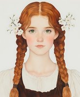 Young woman with ginger braided hair and green eyes wearing vintage dress, white flowers in hair against light background. Romantic feminine portrait in soft style.
