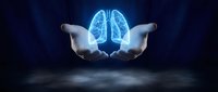 Glowing blue lungs floating above protective cupped hands on dark background representing respiratory health care and medical protection concept.