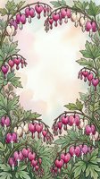 Watercolor floral frame with bleeding heart flowers in pink and white, green foliage, soft pastel background with copy space for text.