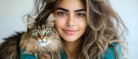 Young woman with blonde wavy hair holding fluffy Maine Coon cat with striking eyes. Portrait showing bond between pet owner and feline companion at home.
