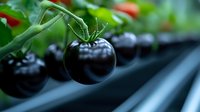Black tomatoes growing on vine in greenhouse with soft blurred background. Fresh organic produce showing modern agricultural methods and healthy food concept.