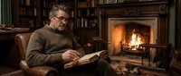 Middle-aged Caucasian man with glasses reading book in cozy library with fireplace. Warm indoor scene perfect for lifestyle and education content.