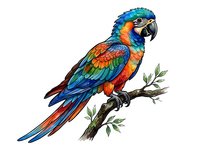 Colorful macaw parrot perched on branch with green leaves, isolated on white background. Vibrant tropical bird illustration suitable for design projects, t-shirts, and clipart applications.