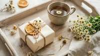 Cozy morning scene with herbal tea cup, wrapped gift box with dried orange slice, and chamomile flowers on rustic wooden tray for relaxation moments.