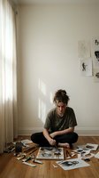 Young female artist sitting cross-legged on wooden floor surrounded by sketches and art supplies in bright minimalist studio space with natural window light.