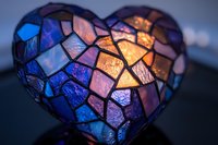 Glowing stained glass heart mosaic with blue, purple and amber pieces illuminated from within, creating romantic atmospheric lighting effect.