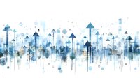 Abstract blue watercolor arrows pointing upward with geometric shapes and splashes on white background representing growth, success and business progress.