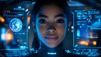 Young Asian woman illuminated by blue digital interface screens showing global data analytics and financial charts in futuristic technology environment.