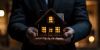 Man in business suit holds glowing miniature house model with warm light in windows against dark background, symbolizing real estate, property protection and home security.