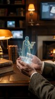 Elderly man's hands holding holographic figure of historical scholar in cozy library setting with warm lighting and books for education technology concepts.