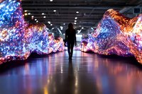 Silhouette of woman walking between glowing digital art installations in modern gallery space, illuminated by vibrant blue and purple lights reflecting on polished floor.