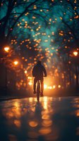 Silhouette of cyclist on evening street with glowing bokeh lights and street lamps creating magical atmosphere. Wet pavement reflects warm illumination.