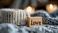 Couple holding hands in cozy knit sweaters with love wooden block and warm candlelight, expressing affection and togetherness during intimate winter moments.