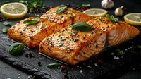 Grilled salmon fillets with sesame seeds, fresh basil leaves and lemon slices on black stone board. Raw ingredients and spices for cooking healthy dinner.