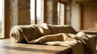 Rolled burlap fabric on wooden table in rustic interior with natural sunlight streaming through windows creating warm atmospheric lighting.
