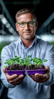 Caucasian male scientist in glasses holding purple containers with microgreen seedlings against blurred laboratory background, demonstrating sustainable agriculture.