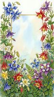 Watercolor floral frame with colorful columbine flowers and ferns, gold border, soft blue background, copy space for greeting cards.