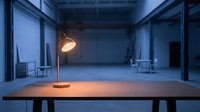 Wooden desk with glowing desk lamp in empty modern loft space with blue industrial interior, suitable for workspace and office design concepts.