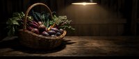 Wicker basket filled with fresh vegetables including eggplant and leafy greens on rustic wooden surface under warm overhead lighting for farm produce and organic food concepts.