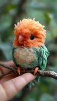 Orange-crested lovebird with green plumage perched on branch against blurred natural background, showing fluffy feathers and distinctive round eye.