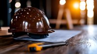 Brown protective hard hat and measuring tape on wooden construction table with blurred background and warm lighting effect for building industry concept.