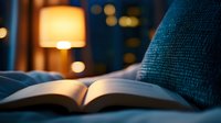 Open book on cozy blanket in warm lamp light against evening window with bokeh lights, creating peaceful reading atmosphere at home.
