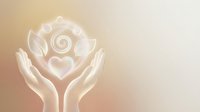 Gentle hands cradling glowing white rose with heart symbol in soft beige light representing love care protection and spiritual healing energy.