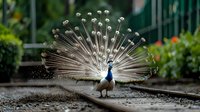 Majestic white peacock displaying full plumage on railway tracks, feathers spread in fan shape against blurred garden background, creating dramatic nature scene.