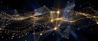 Abstract digital network with glowing golden particles and geometric shapes connected by luminous lines, representing data flow, technology, and global communication systems.