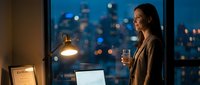 Young woman of South Asian descent in business casual attire standing by window at night, holding water glass, working late with laptop and pendant lamp, city skyline bokeh background, corporate workspace.