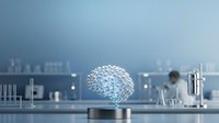 Glowing digital brain hologram floating above metallic base in modern laboratory setting with blurred scientific equipment and researcher in background.