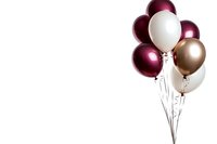 Elegant burgundy, pearl white, and champagne gold balloons bouquet floating on white background, isolated party decoration for celebrations and events.