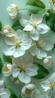Delicate white jasmine flowers with yellow stamens and green leaves on soft mint background. Macro floral composition shows intricate botanical details.