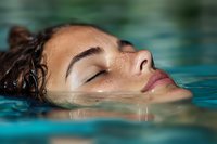 Young mixed race woman floating peacefully in turquoise water with closed eyes and serene expression, water droplets on face, showing relaxation and wellness.