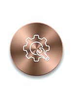 Copper metallic circular button with white gear and wrench icon for maintenance, repair services, technical support and industrial applications.