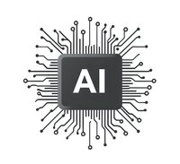 Microchip with AI text and radiating circuit board pattern in monochrome style, isolated on white background for technology and artificial intelligence designs.