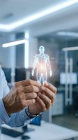 Businessman holding glowing digital human body hologram with health data visualization in modern office, representing medical technology and healthcare innovation.