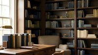 Cozy home library interior with wooden desk, stacked books and built-in bookshelves filled with literature creating warm reading atmosphere for study.